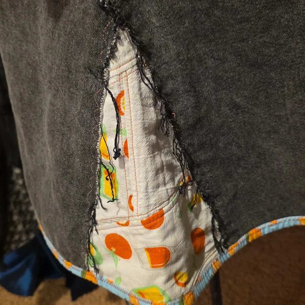 Upcycled Oranges & Champagne  Mimosa  Apron W Black Denim Jeans  Hand Crafted